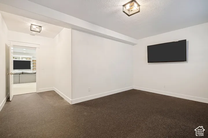Wall-mounted television, recessed lighting, and dark-toned carpeting
