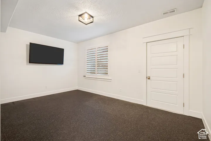 Recessed window with white plantation shutters, dark textured carpet, and a modern five-panel door