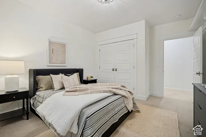 White walls, carpet flooring, a ceiling-mounted light fixture, and a built-in closet with double doors