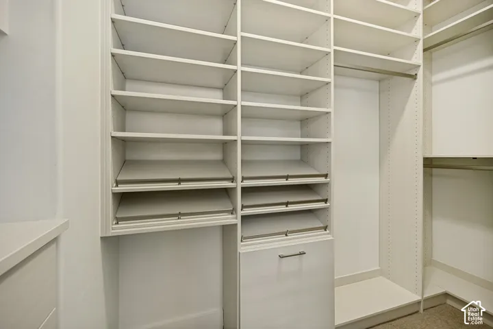 Built-in custom shelving, integrated clothes hanging rods, pull-out storage drawers, and durable neutral-toned carpeting