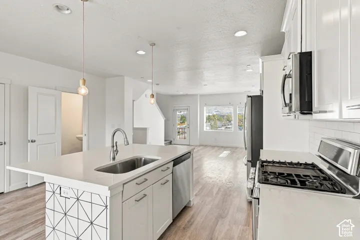 Kitchen featuring an island with a stainless steel sink, wood-finish flooring, white cabinetry, recessed lighting, and stainless steel appliances