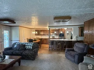Open-concept living area with carpet flooring, wood-finish flooring, and a kitchen featuring wood cabinetry and an integrated breakfast bar