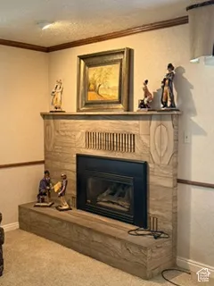 Built-in fireplace with a stone-finish surround, hearth, and mantel