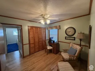 Wood-finish flooring with light green and wood-trim walls