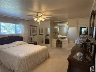 Built-in cabinetry with mirrored doors, ceiling fan with integrated lighting, window with blinds, carpeted flooring, and a vanity area