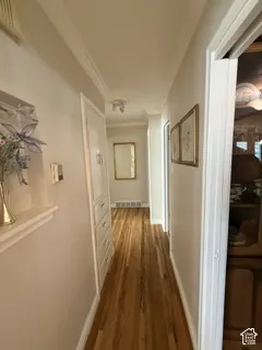 Hallway featuring wood-finish flooring, crown molding, built-in cabinetry with drawers, and a ceiling-mounted light fixture