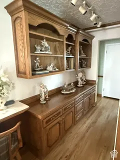Built-in cabinetry with display shelving and storage, wood-finish flooring, and track lighting