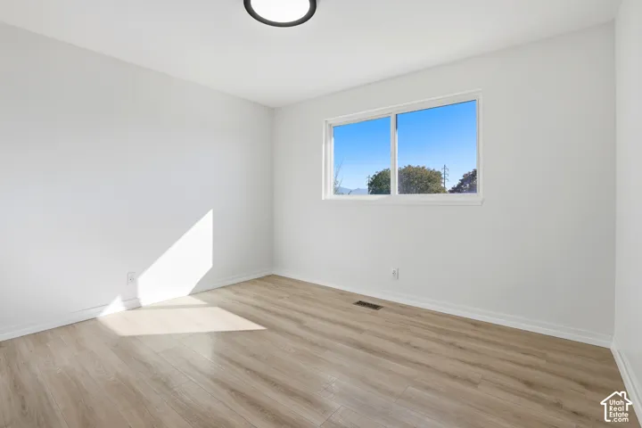 Light wood-finish flooring, white walls, and a ceiling-mounted light fixture