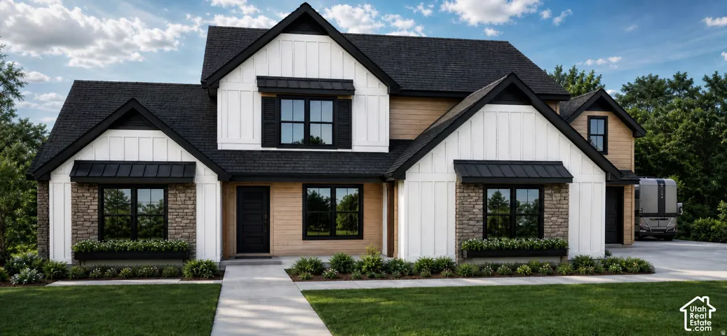 Multi-textured facade featuring vertical white siding, horizontal wood-finish siding, and stone accents