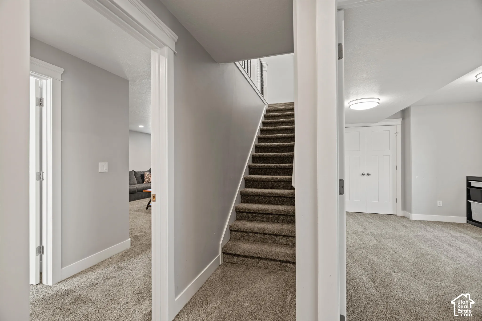 Carpeted staircase with white balusters, recessed lighting, and flat-panel doors