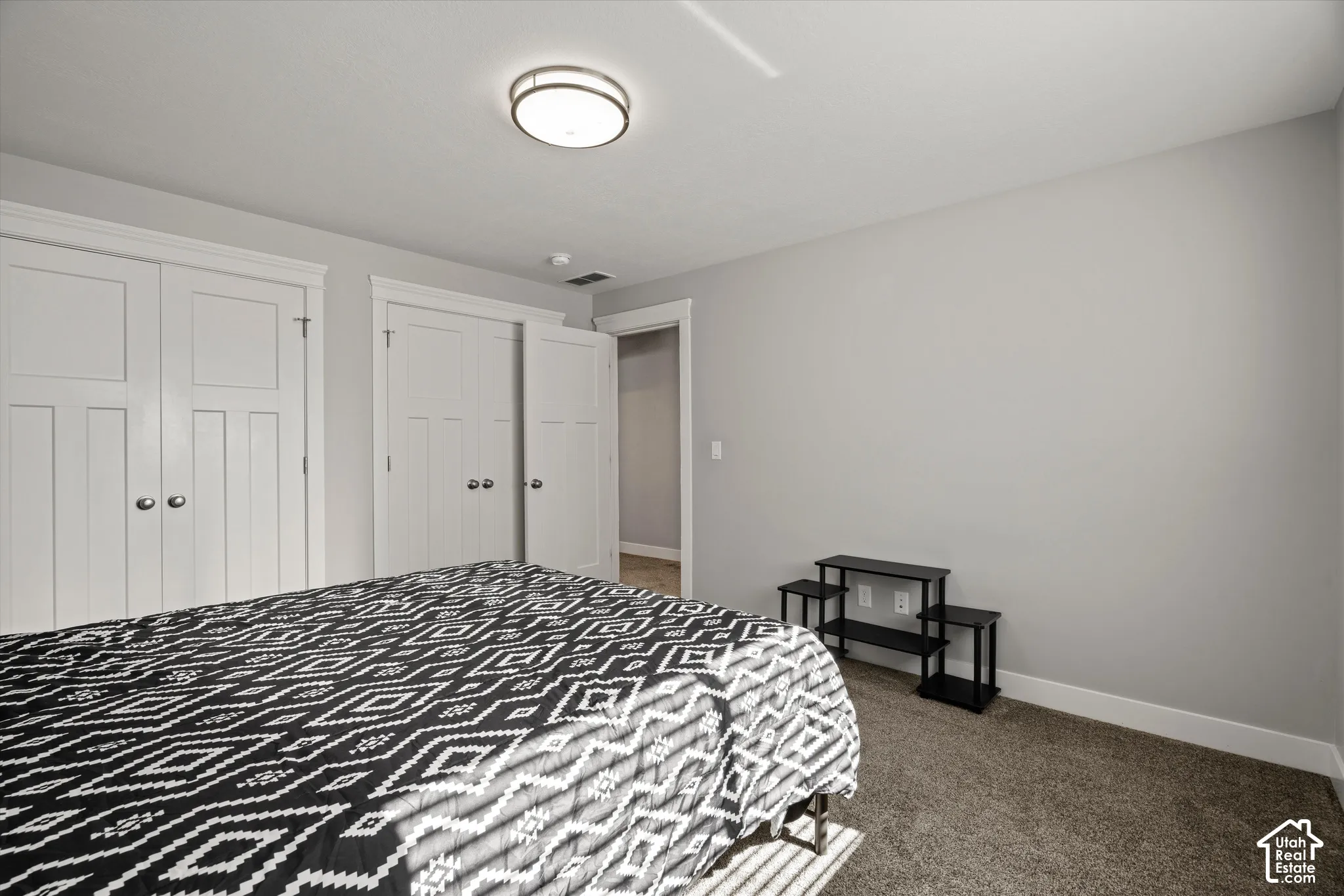 Neutral wall paint, two paneled closet doors, flush-mount ceiling light fixture, and carpet flooring