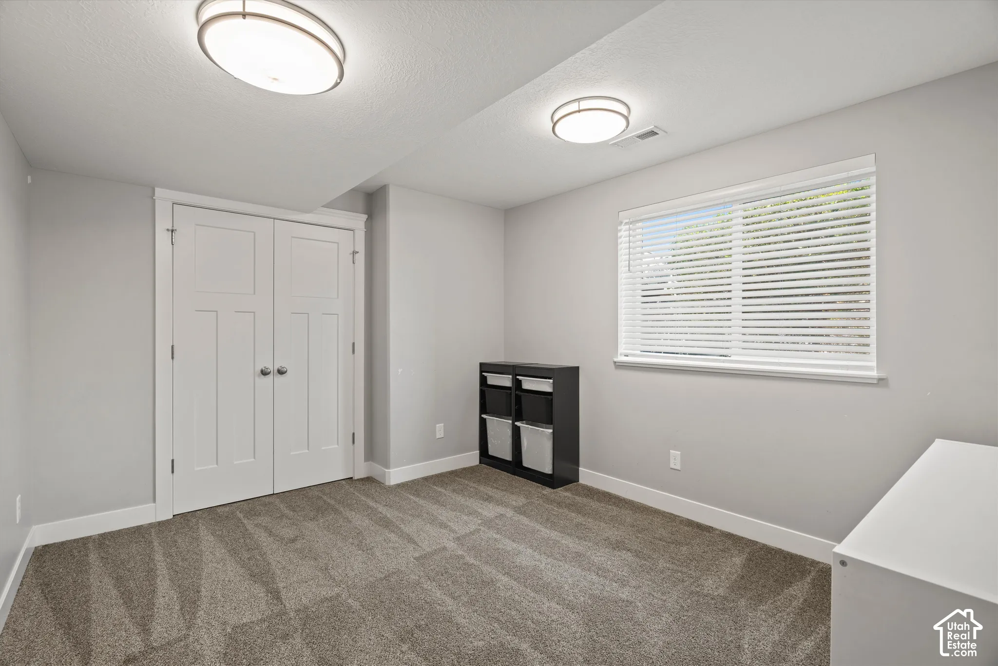 Neutral wall paint, plush carpeting, built-in dual-door closet, recessed window, and flush-mount lighting fixtures