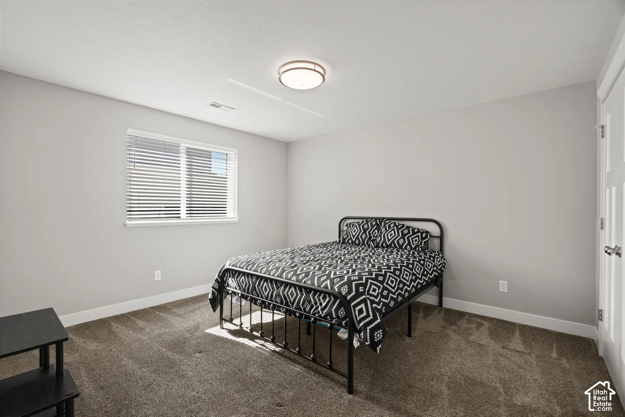Plush carpet flooring, a large window with blinds, and a flush-mount ceiling light