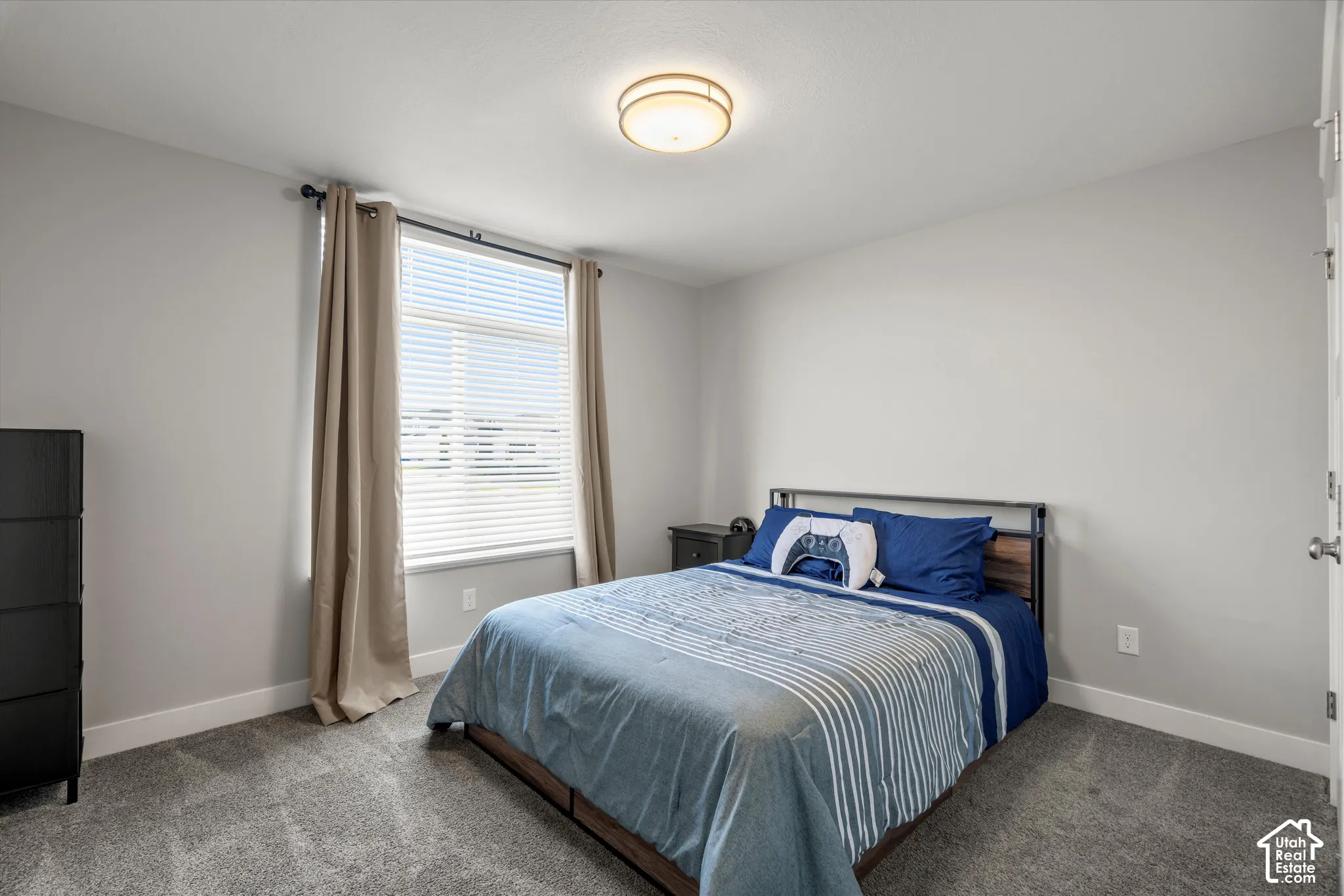 Window with blinds and drapes, flush mount ceiling light fixture, gray carpeting, and neutral wall tones