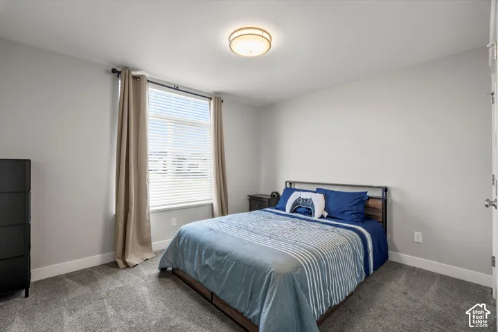 Window with blinds and drapes, flush mount ceiling light fixture, gray carpeting, and neutral wall tones