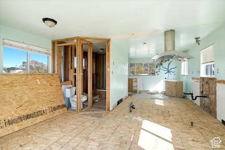Studio apartment looking East. Bathroom, and space for stackable washer & dryer.