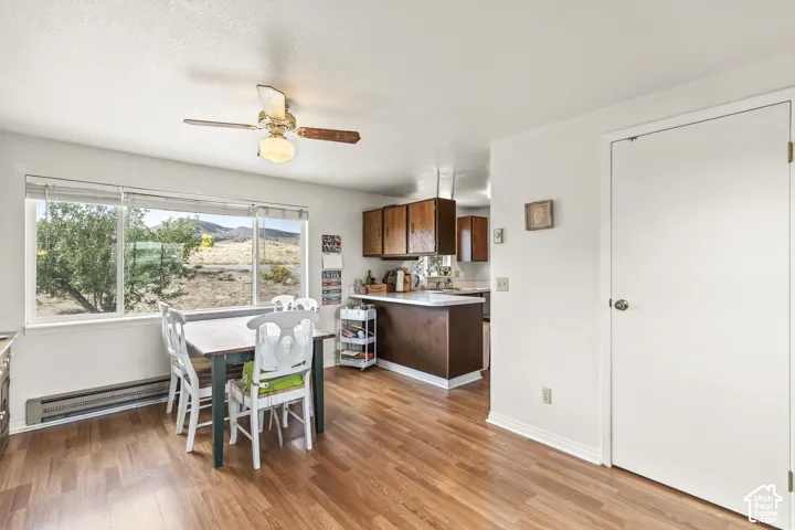 Expansive window with a mountain backdrop, wood-finish flooring, ceiling fan, and white walls
