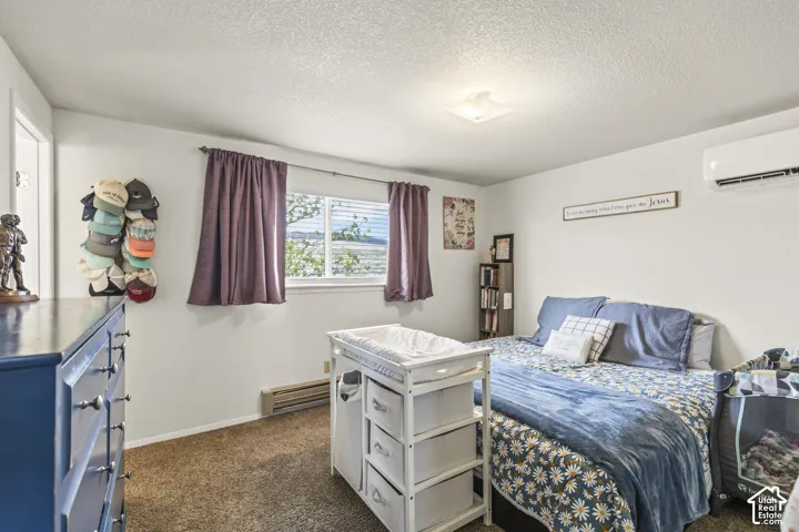 Window with exterior scenery, wall-mounted mini-split system, and flush-mount ceiling light