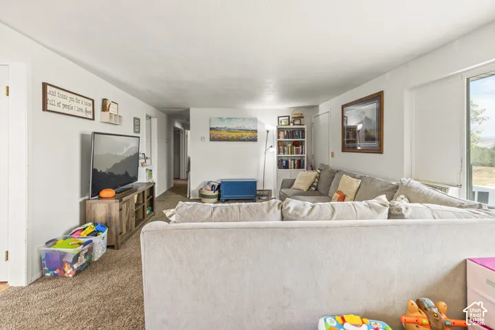 Expansive living area featuring carpet flooring and white painted walls