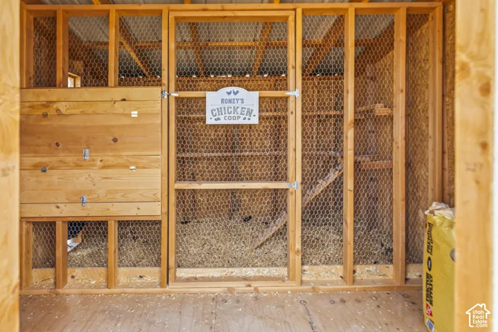 Wood-framed animal enclosure with wire mesh, featuring a wooden access door