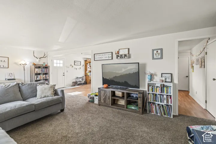 Spacious living area with carpet flooring