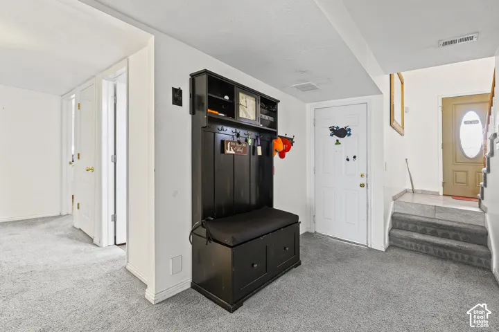 White paneled entry door, light gray carpet flooring, and white walls