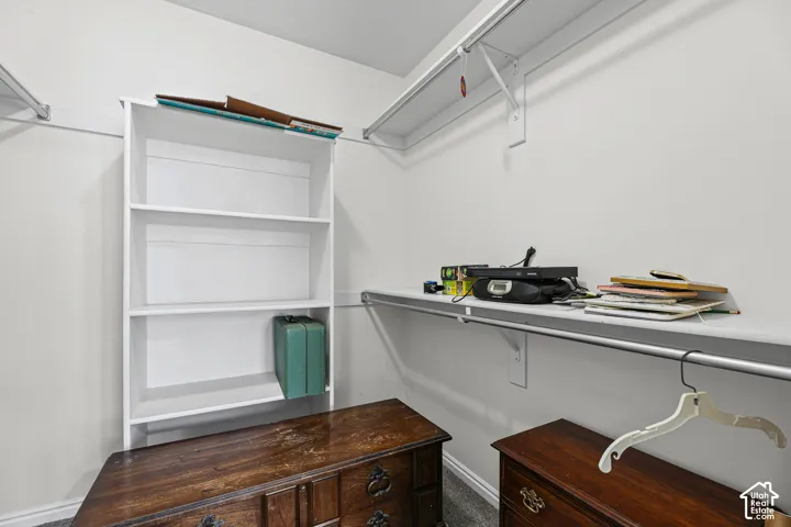 Built-in shelving, wall-mounted hanging rods, and neutral wall tones