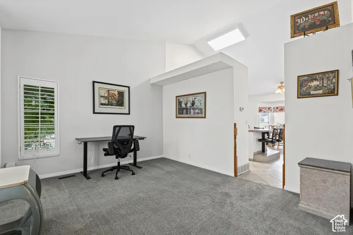 Vaulted ceilings with a skylight, white plantation shutters, and light gray carpeting