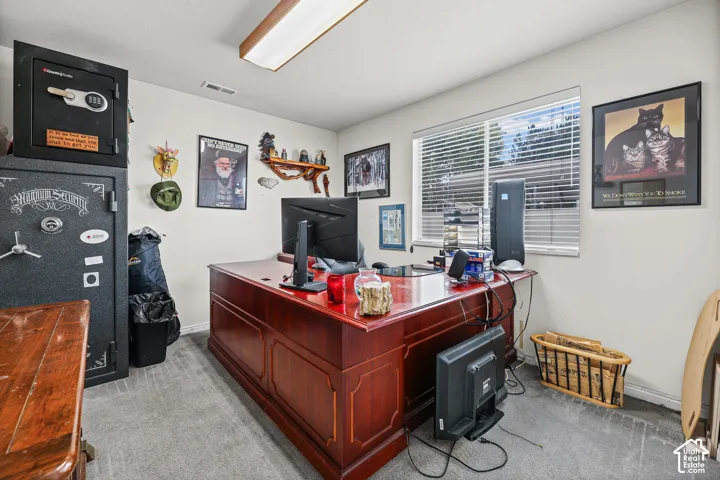 Wall-to-wall carpeting with a large window, horizontal blinds, and a fluorescent ceiling light