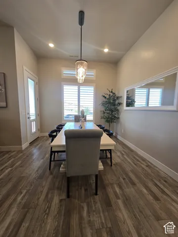 Wood-finish flooring, recessed lighting, and a contemporary pendant light fixture