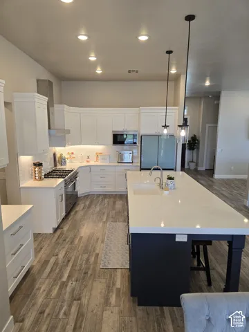 Kitchen featuring white cabinetry, wood-finish flooring, recessed lighting, and a white countertop island with a built-in sink