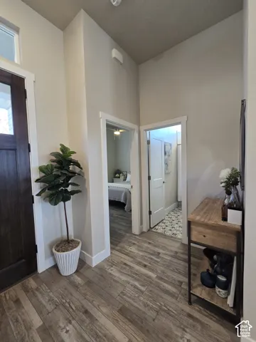 Wood-finish flooring, white trim, and a dark wood entry door