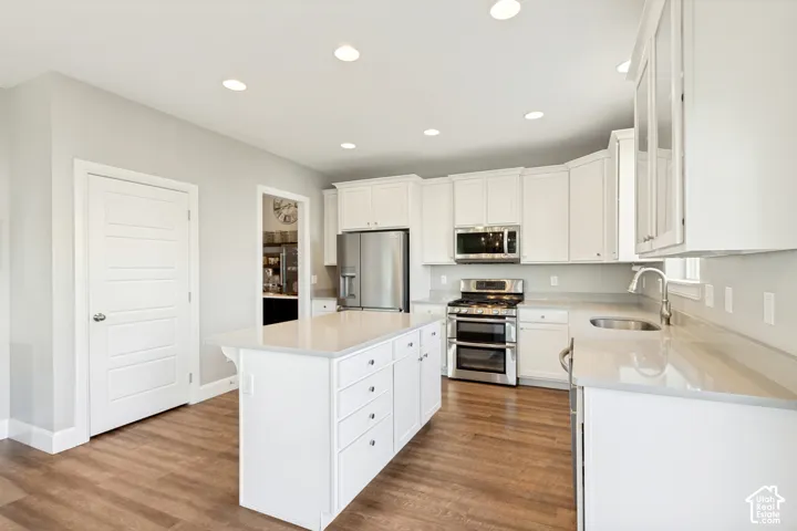 Kitchen featuring wonderful natural light, white shaker-style cabinetry with glass-front display uppers, expansive center island, quartz countertops, stainless steel appliances, and LVP flooring