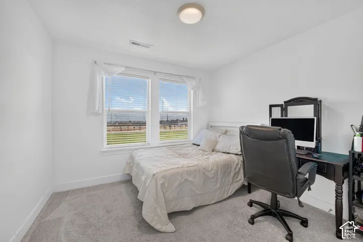 White walls, light gray carpet flooring, and a single ceiling light fixture