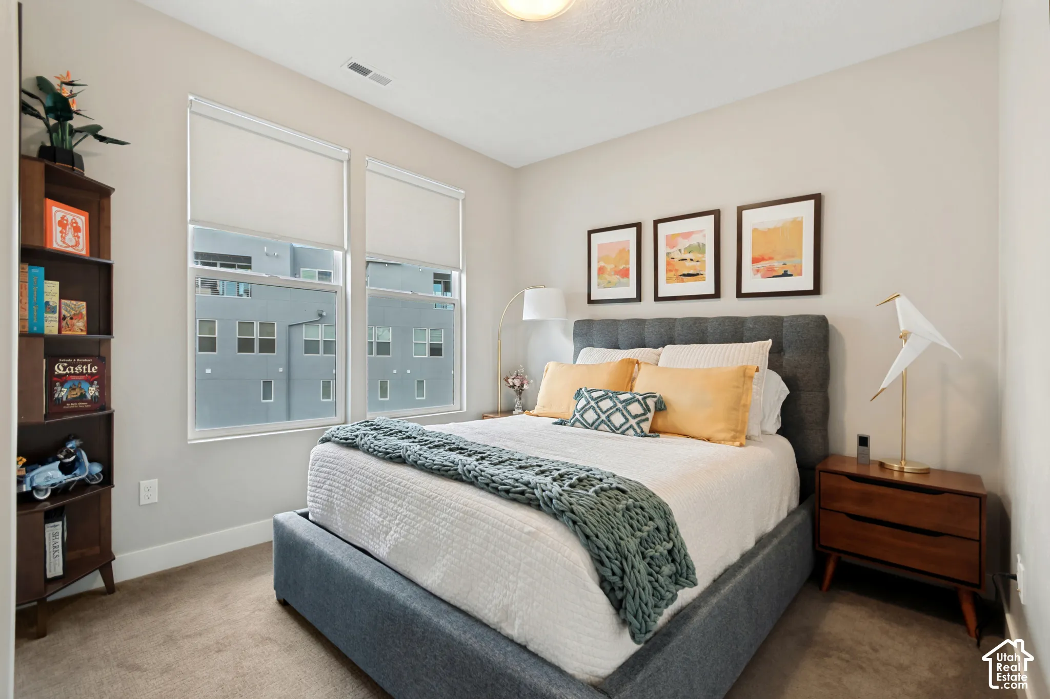 Dual windows with roller shades, neutral wall finishes, and carpet flooring