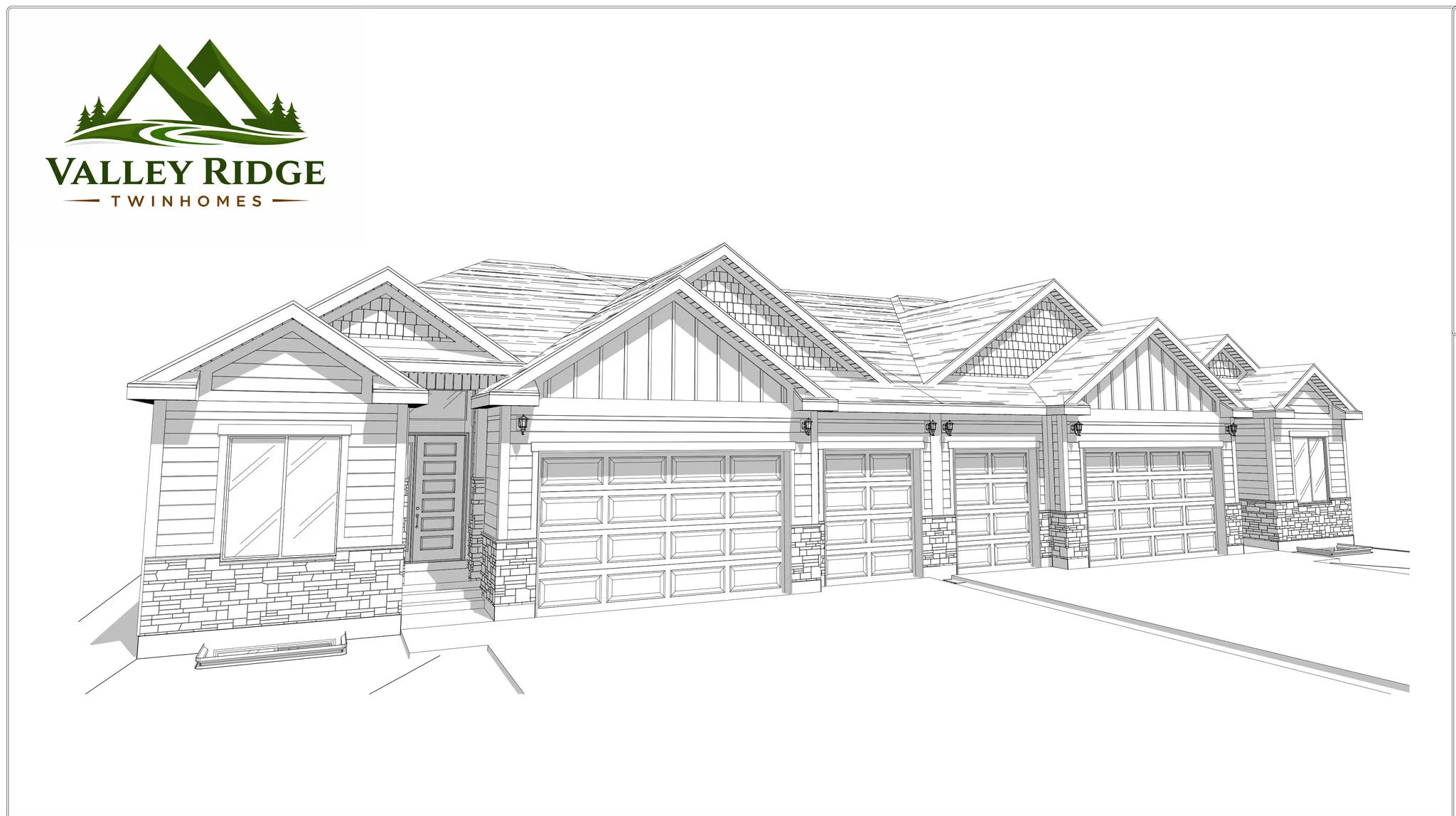 Architectural Render. Illustrating the exterior building envelope and garage configuration of the property