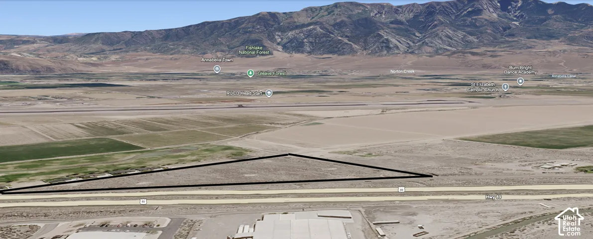 Triangular land parcel featuring direct road frontage and prominent mountain terrain
