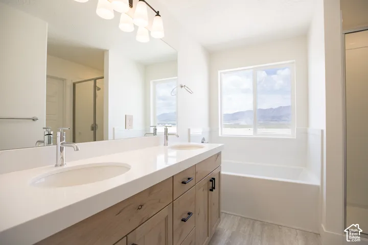 Primary bath with dual sinks, stained wood cabinets, quartz slab countertops, soaker tub and walk-in shower.