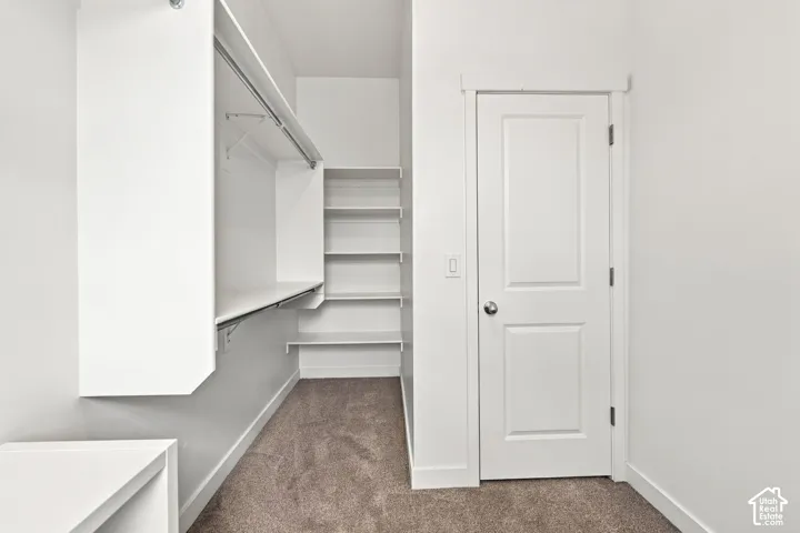 Built-in shelving, hanging rods, and an interior door