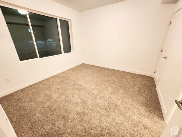 Neutral-toned carpeted flooring, white interior walls, and a large multi-pane window with a white frame