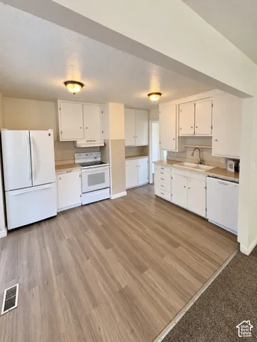 Kitchen featuring wood-finish flooring, white cabinetry, a double basin sink, and ceiling-mounted light fixtures