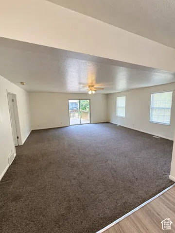 Expansive living area with brown carpeting and light-toned walls
