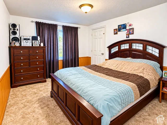 Bedroom featuring wood wainscoting, neutral carpeting, and a flush-mount ceiling light fixture