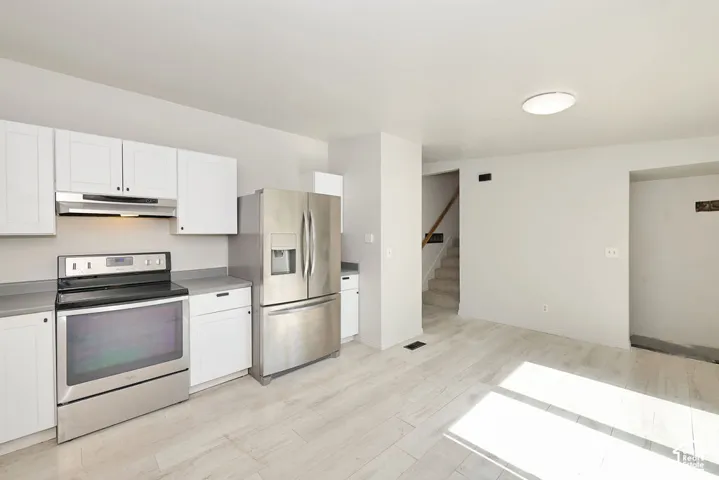 White cabinetry, stainless steel appliances, light wood-finish flooring, and a flush mount ceiling light