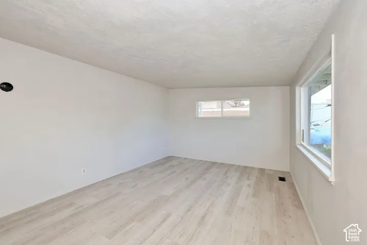Light wood-finish flooring, white walls, and multiple windows