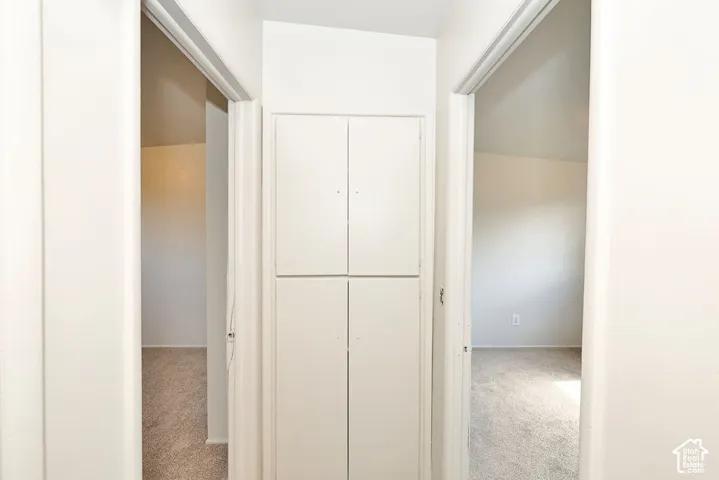 White painted walls, built-in storage cabinetry, and light-toned carpeting