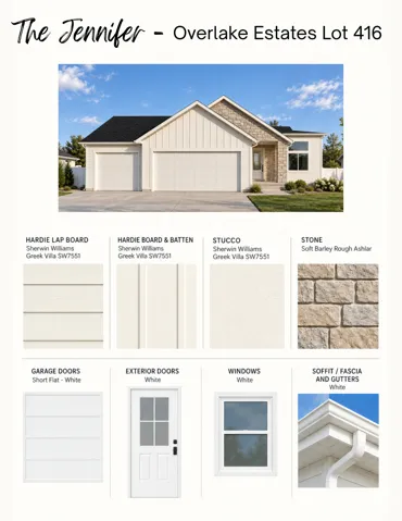 Architectural Specification Sheet. Outlining external materials, finishes, and color schemes utilized for the property