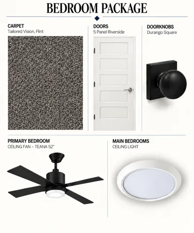 Interior Finishes Specification, Bedroom Package. Cataloging the flooring, door hardware, and lighting fixtures selected for the property