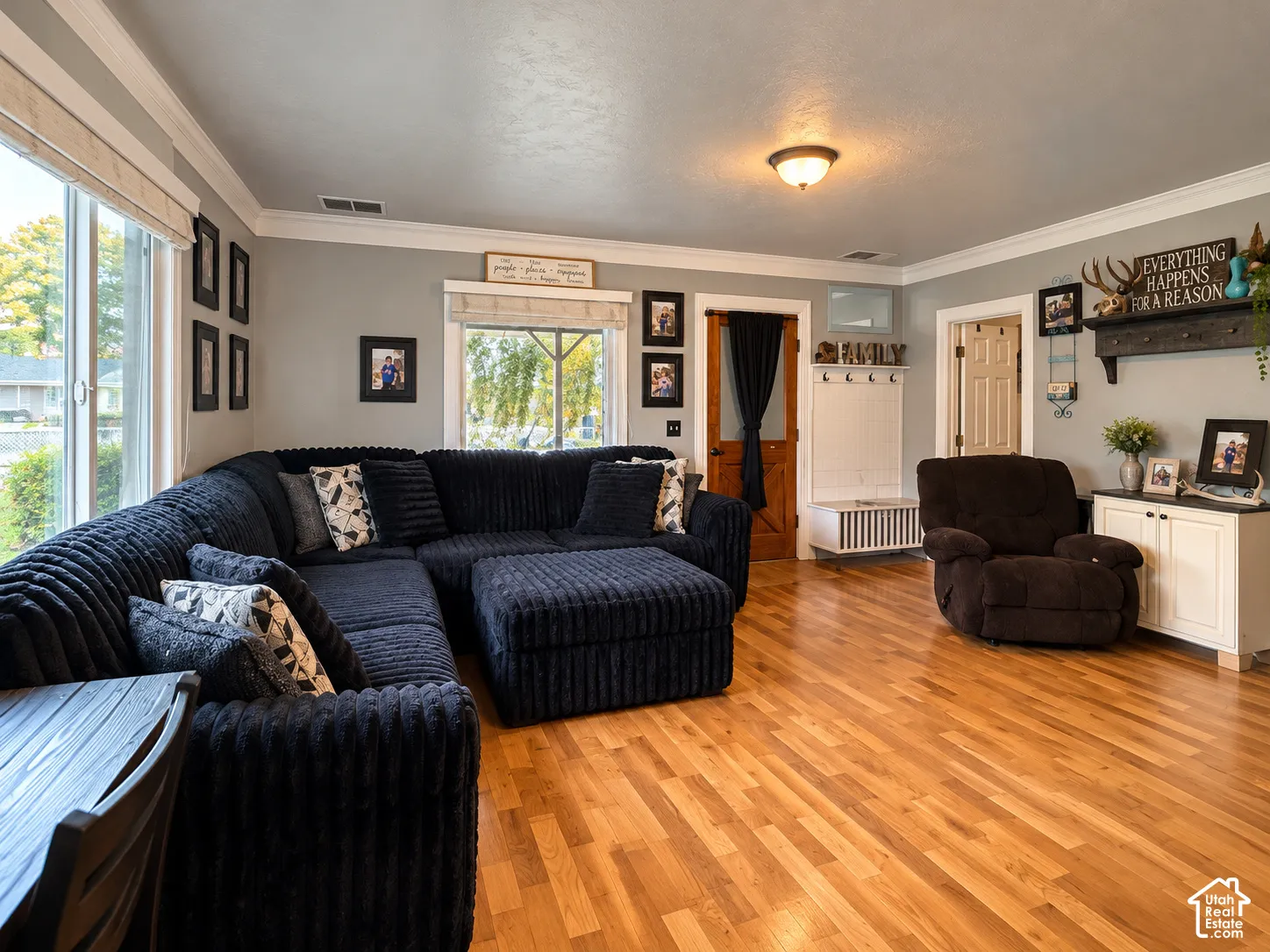 Living area featuring wood-finish flooring, crown molding, double-pane windows, and a wood-panel door with glass insert