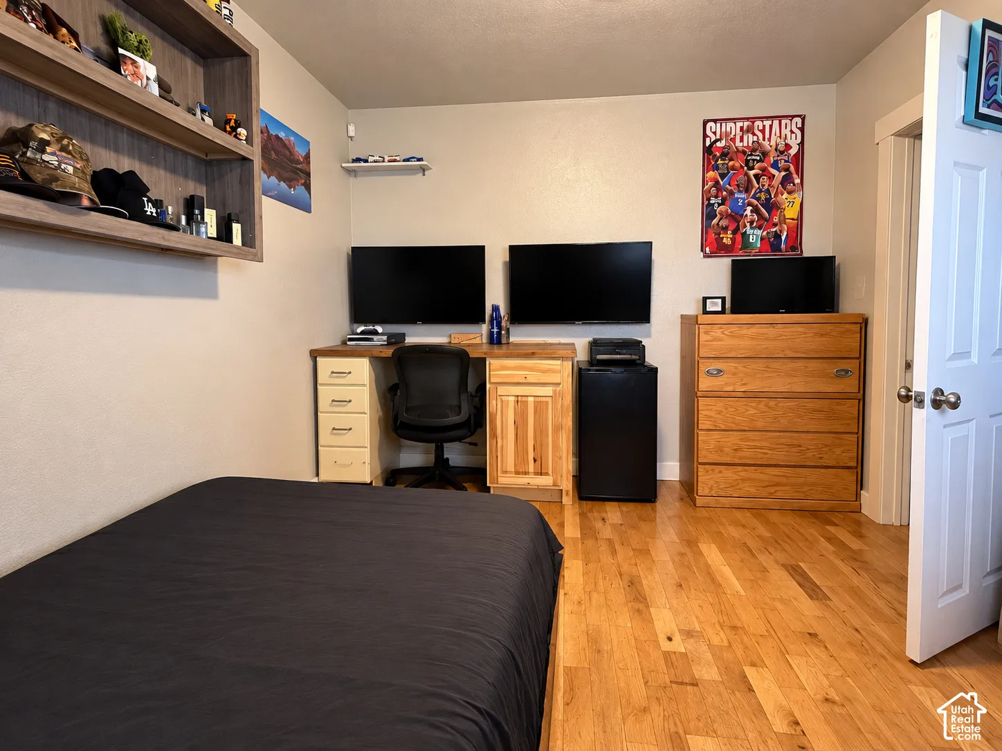 Wood-finish flooring, built-in wooden shelving, and a six-panel interior door